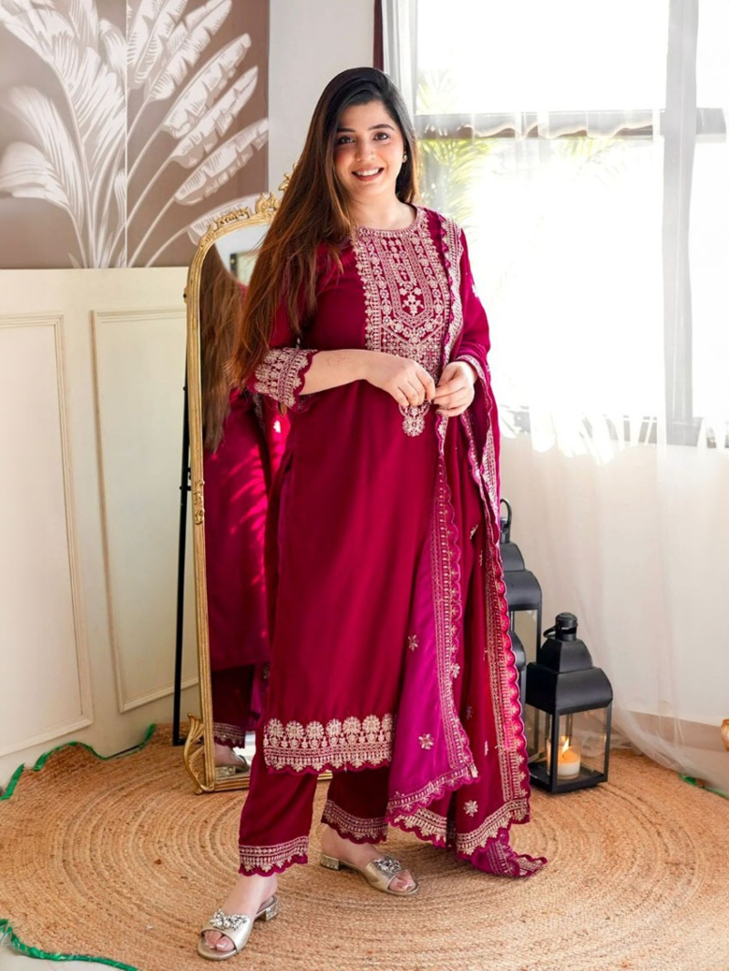 Authentic Ethnic Rani Velvet Viscose Embroidered Straight Suit