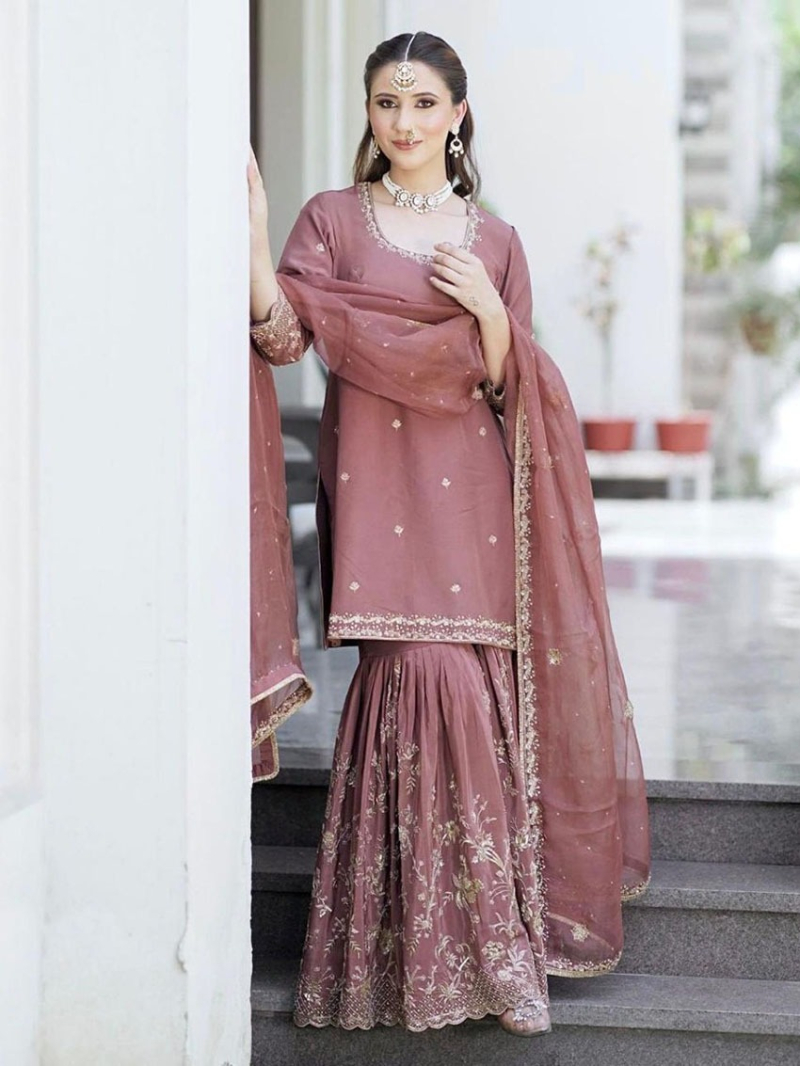 Elegant Ethnic Onion Pure Chinnon Silk Embroidered Sharara Suit