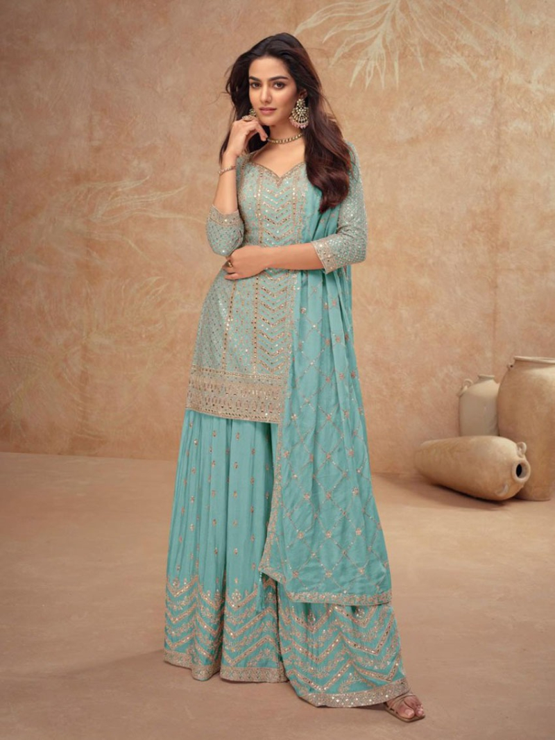 Elegant Ethnic Light  Sea Green  Chinnon Silk Embroidered Plazo Suit