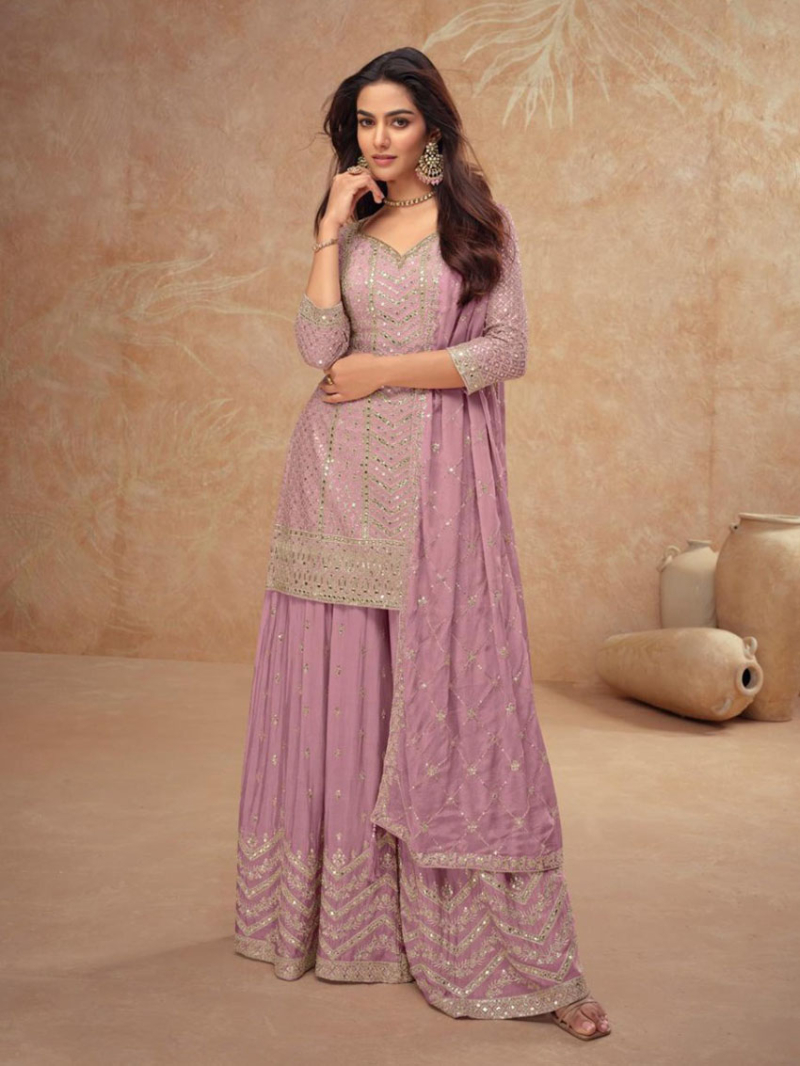 Ethnic Elegant Onion Pink Chinnon Silk Embroidered Plazo Suit