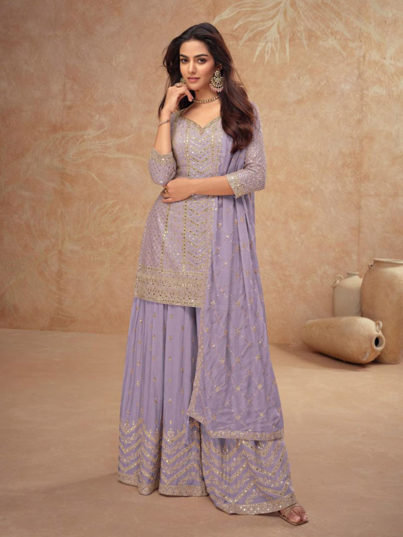 Ethnic Elegant Festive Lavender Chinnon Silk Embroidered Plazo Suit