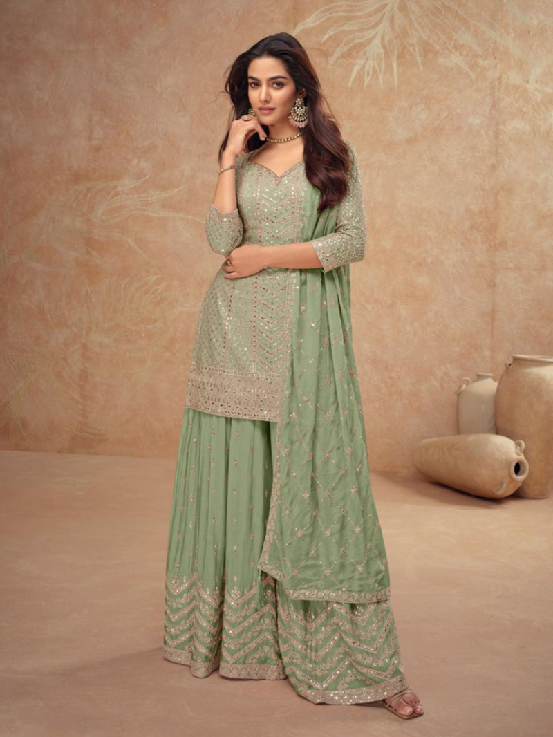 Elegant Ethnic Pista Green Chinnon Silk Embroidered Plazo Suit