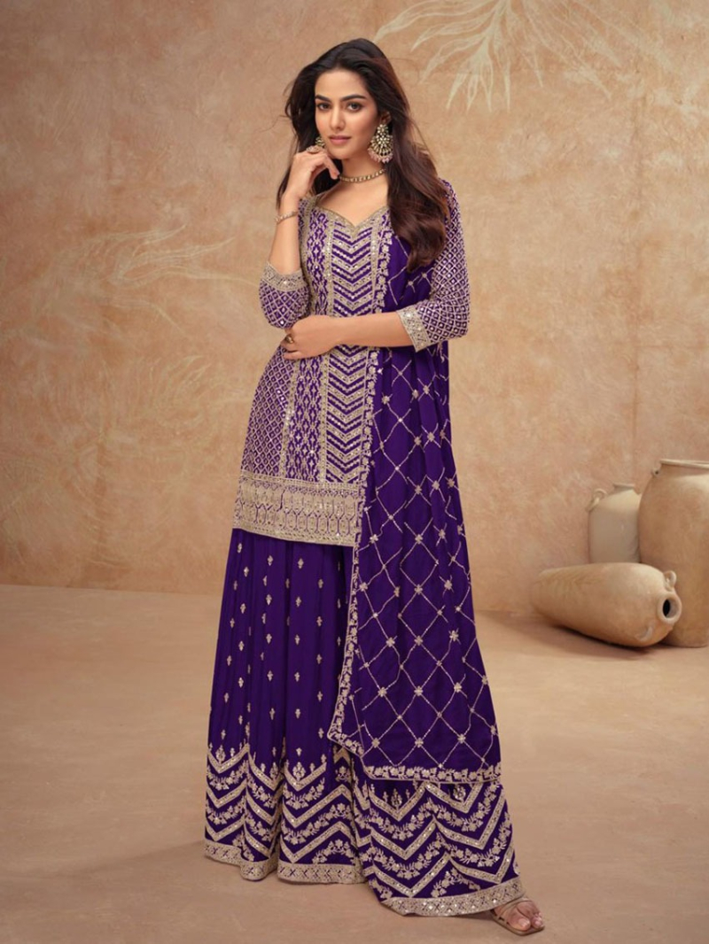 Elegant Ethnic Purple Chinnon Silk Embroidered Plazo Suit