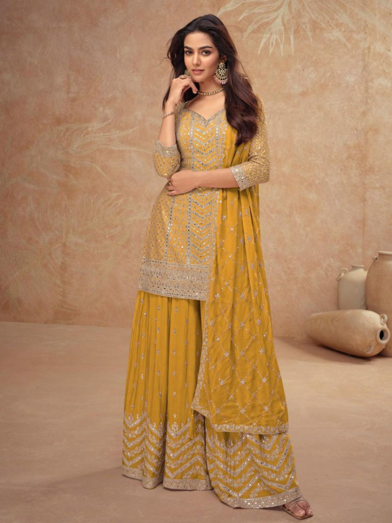 Elegant Traditional Mustard Yellow Chinnon Silk Embroidered Plazo Suit