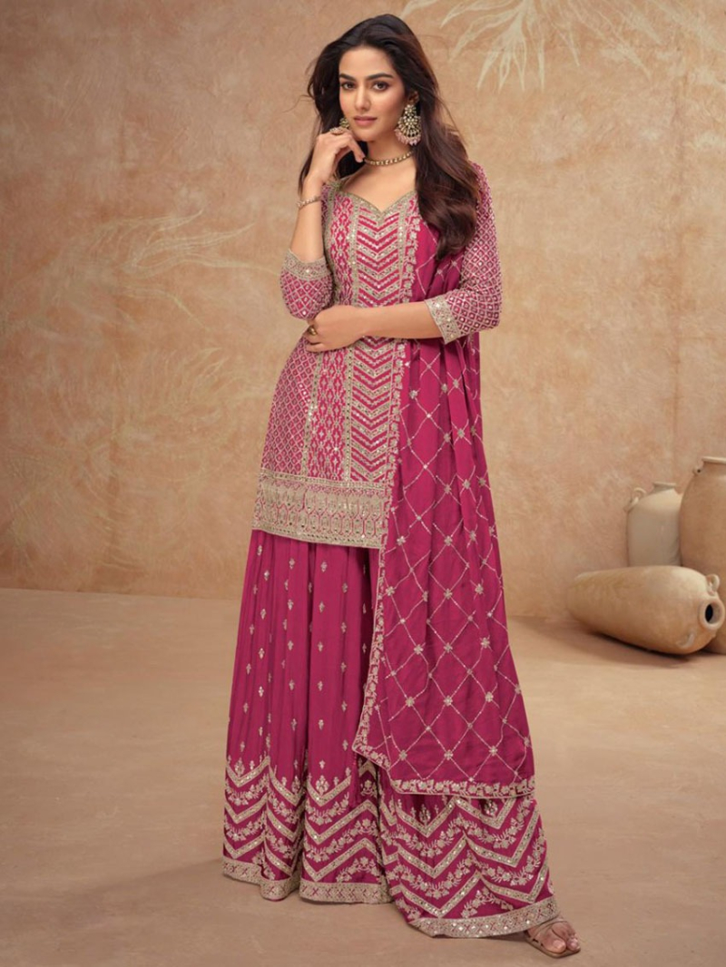 Ethnic Elegant Festive Magenta Pink Chinnon Silk Embroidered Plazo Suit