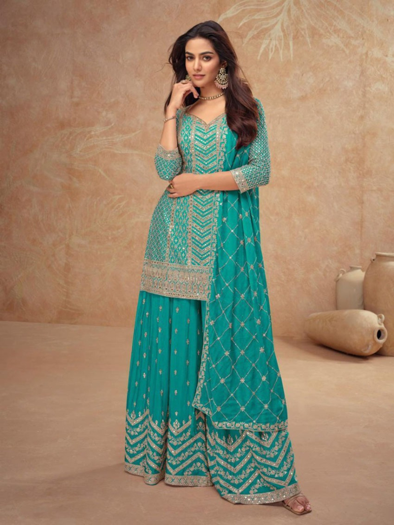 Ethnic Traditional Ram Green Chinnon Silk Embroidered Plazo Suit