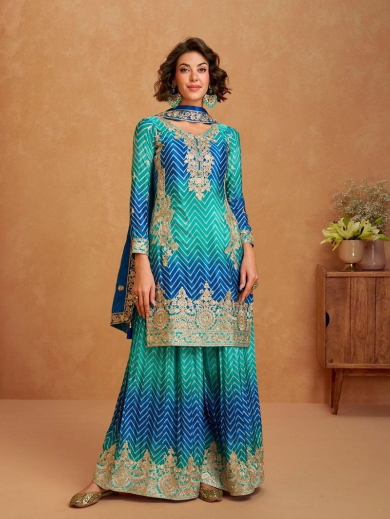 Elegant Traditional Blue And Turquoise Chinnon Silk Plazo Suit