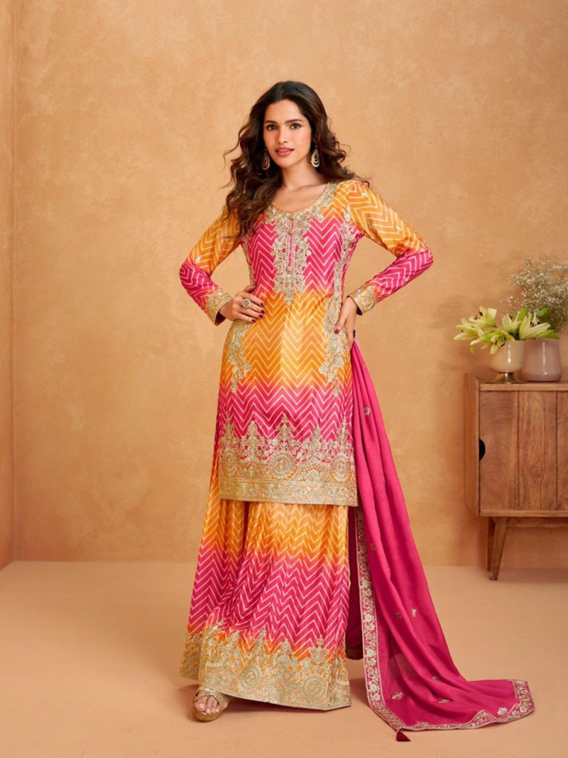 Ethnic Festive Yellow And Rani Chinnon Silk Plazo Suit