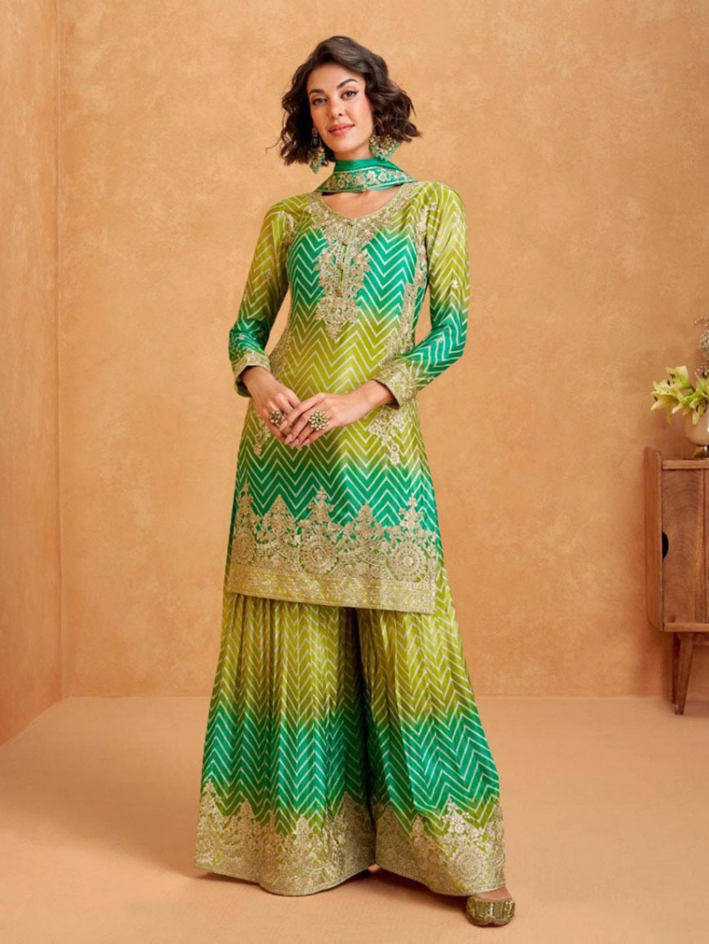 Authentic Elegant Festive Green Chinnon Silk Plazo Suit