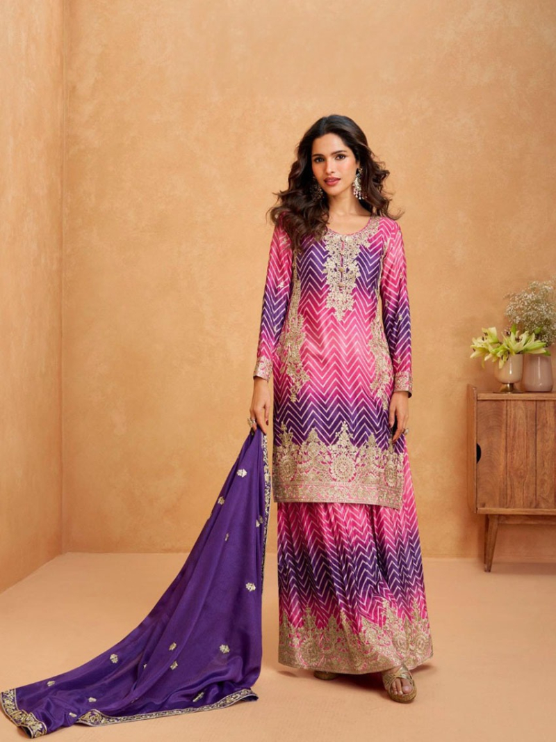 Ethnic Festive Pink And Purple Chinnon Silk Plazo Suit