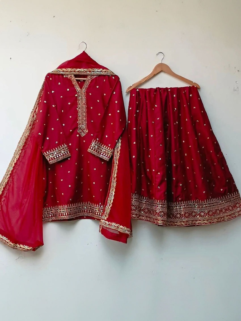 Ethnic Festive Maroon Pure Chinnon Silk Embroidered Lehanga Suit