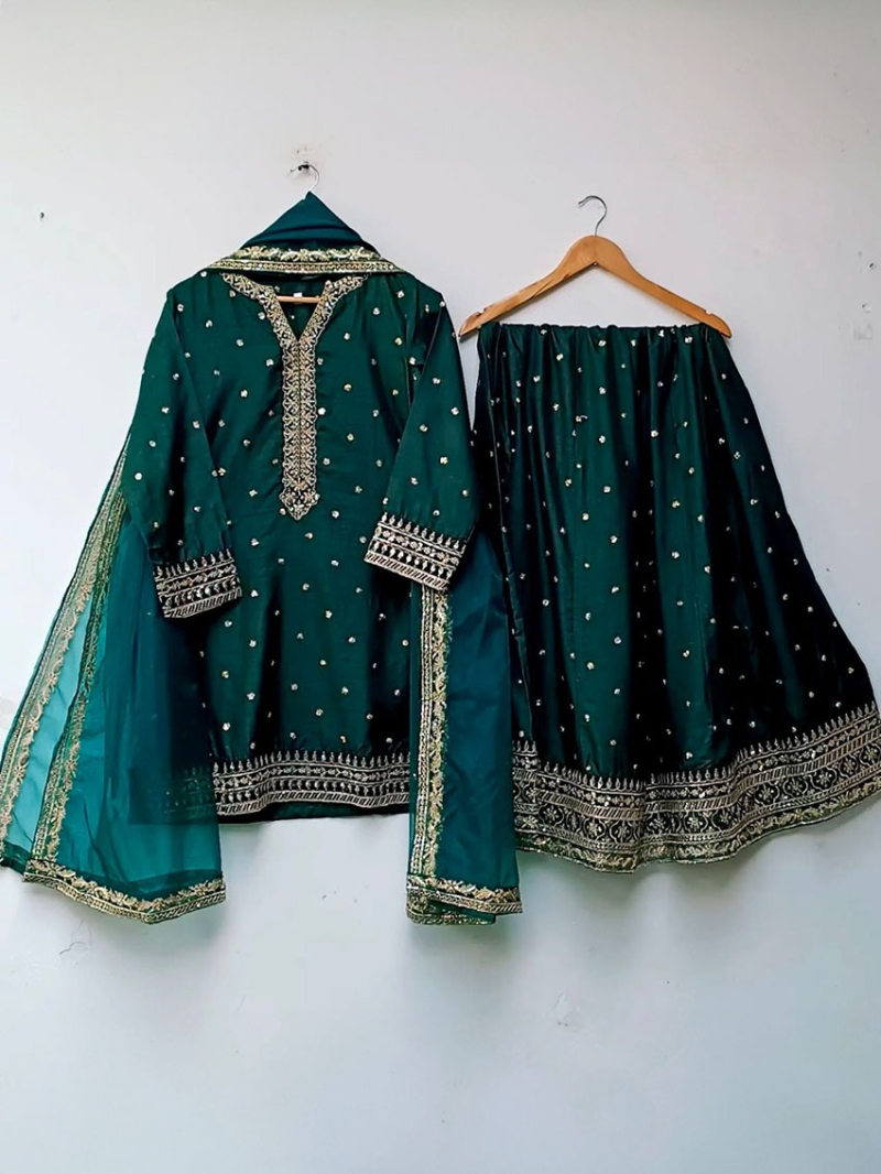 Ethnic Festive Bottle Green Pure Chinnon Silk Embroidered Lehanga Suit
