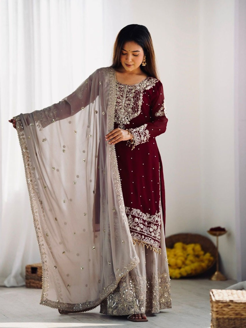 Elegant Majestic Maroon Heavy Faux Georgette Embroidered Plazo Suit