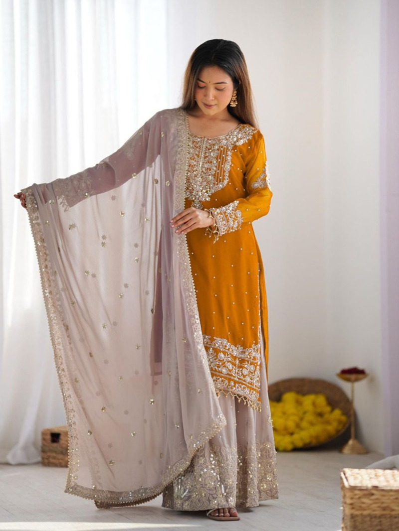  Ethnic Festive Radiant Mustard Faux Georgette Embroidered Plazo Suit