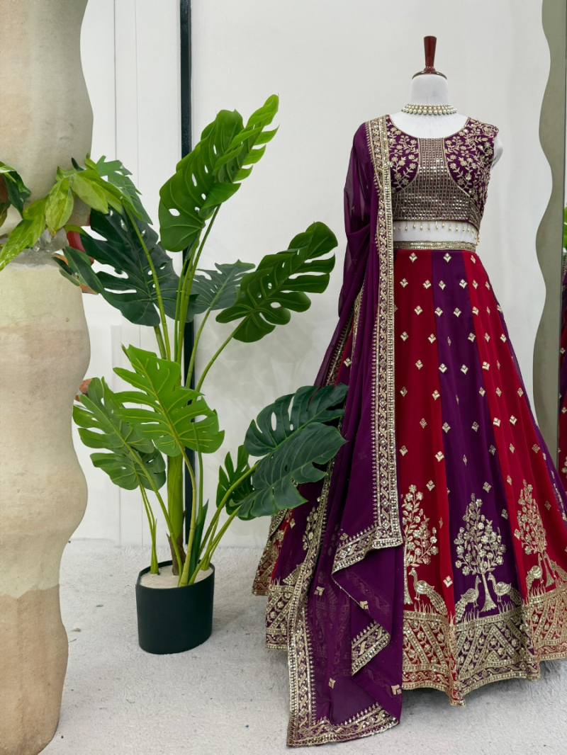 Elegant Traditional Regal Maroon and Purple Thread Work Lehanga Suit