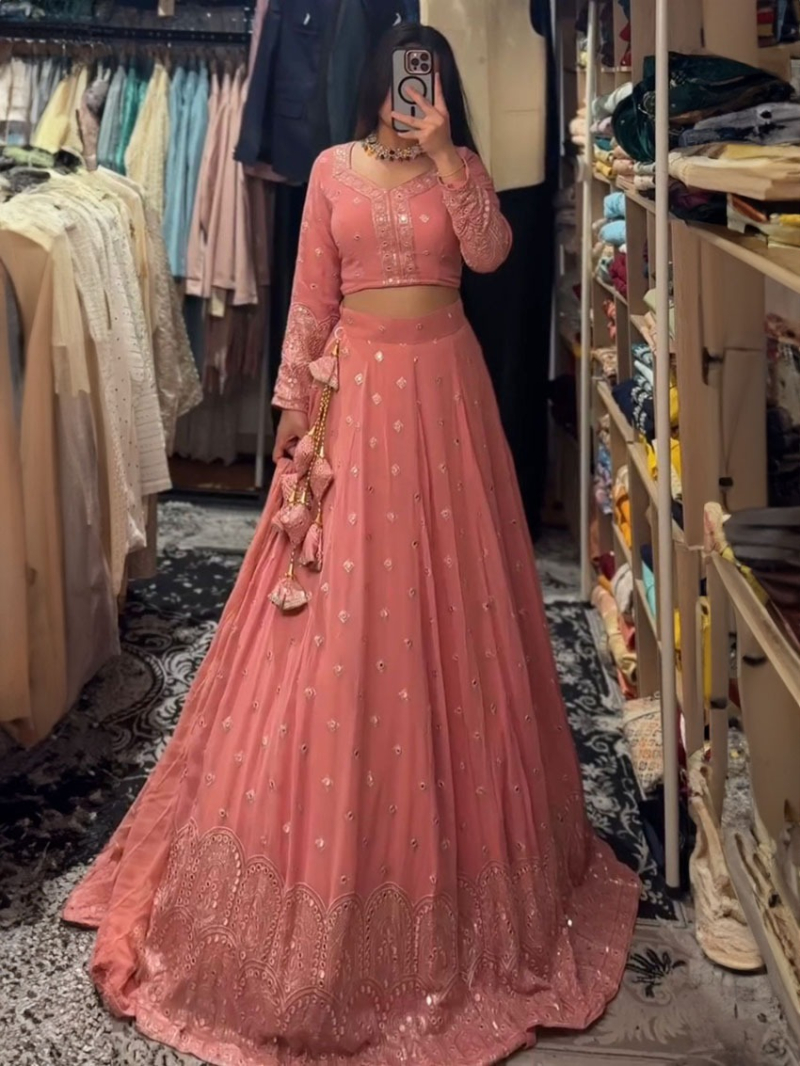 Elegant Festive Peach Faux Georgette Lehanga Suit
