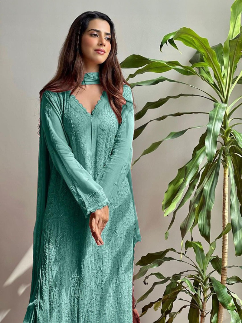 Ethnic Festive Green Chikankari Long Salwar Kurti Plazo Suit