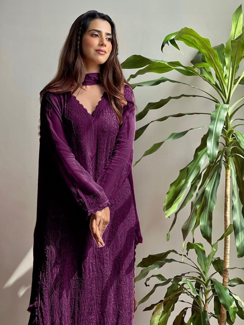 Ethnic Traditional Festive Deep Wine Chikankari Long Salwar Kurti Plazo Suit