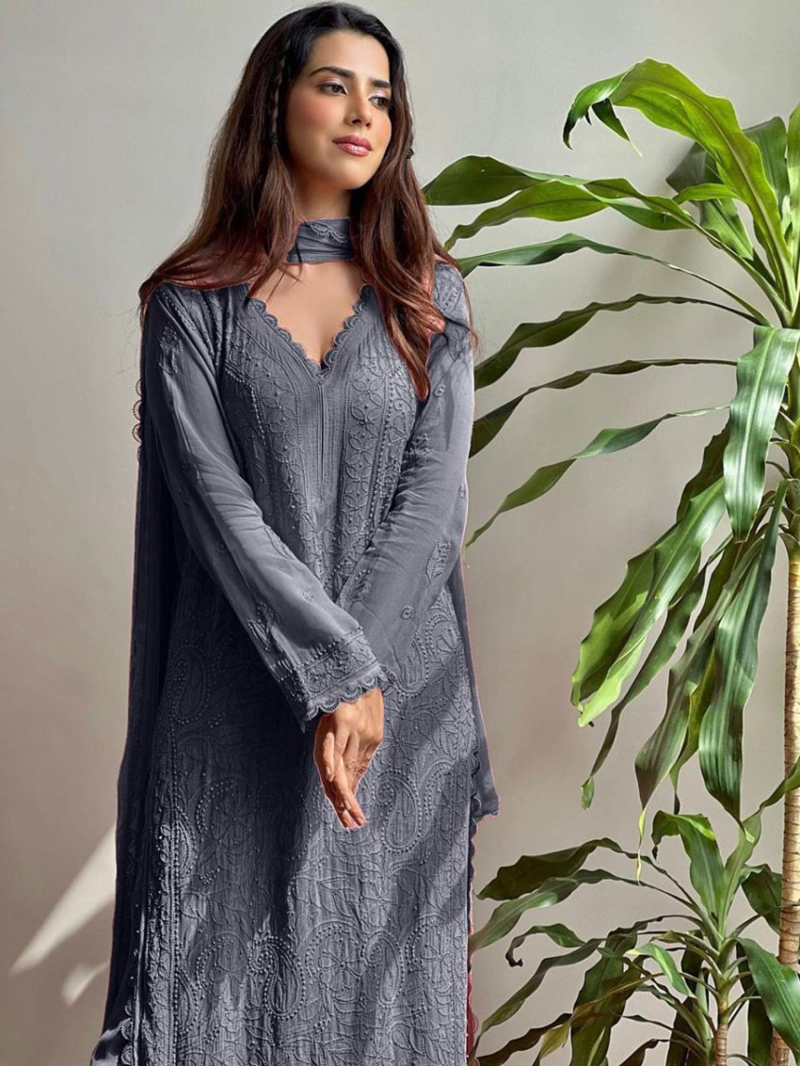 Elegant Festive Grey  Chikankari Long Salwar Kurti Plazo Suit