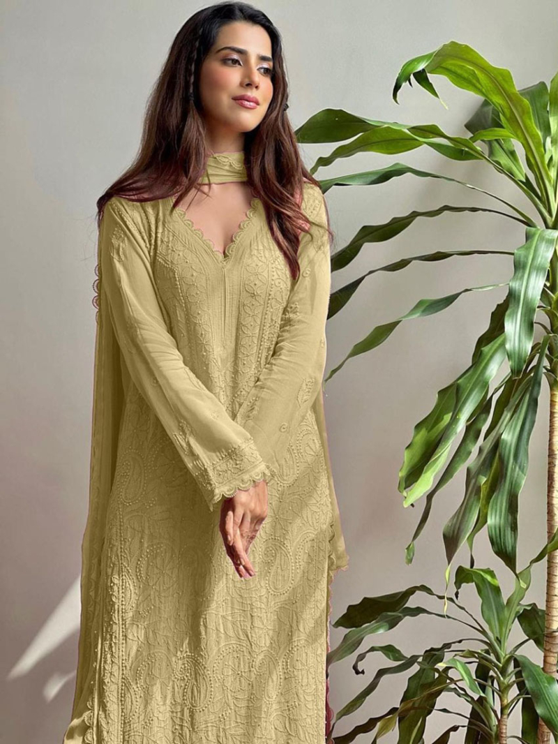 Elegant Festive Pastel olive Green Chikankari Long Salwar Kurti Plazo Suit