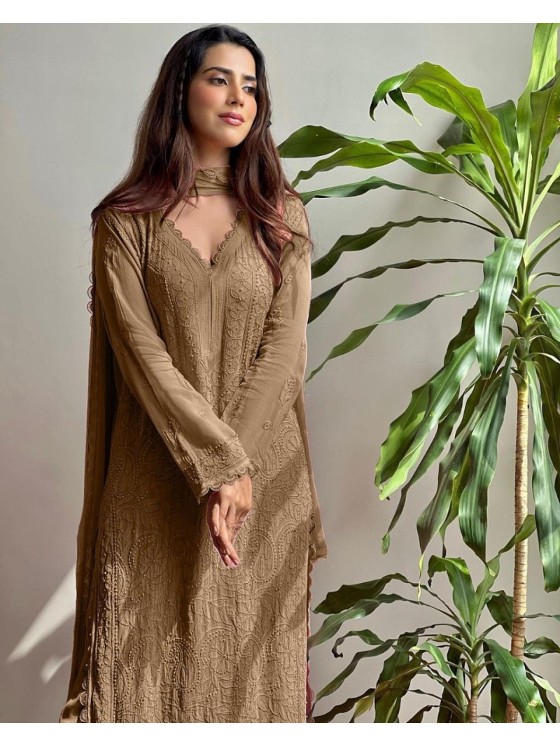 Ethnic Festive Traditional Brown  Chikankari Long Salwar Kurti Plazo Suit
