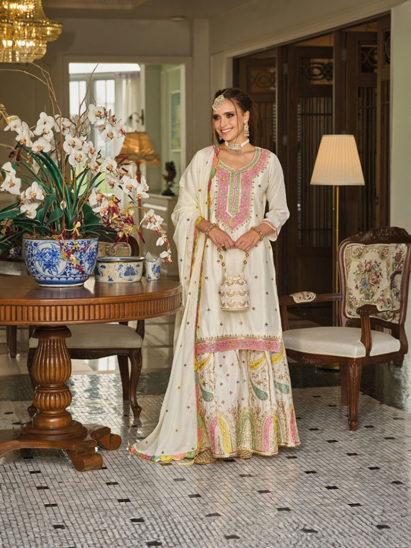 Elegant Heavy Off White Chinnon Embroidered Plazo Suit
