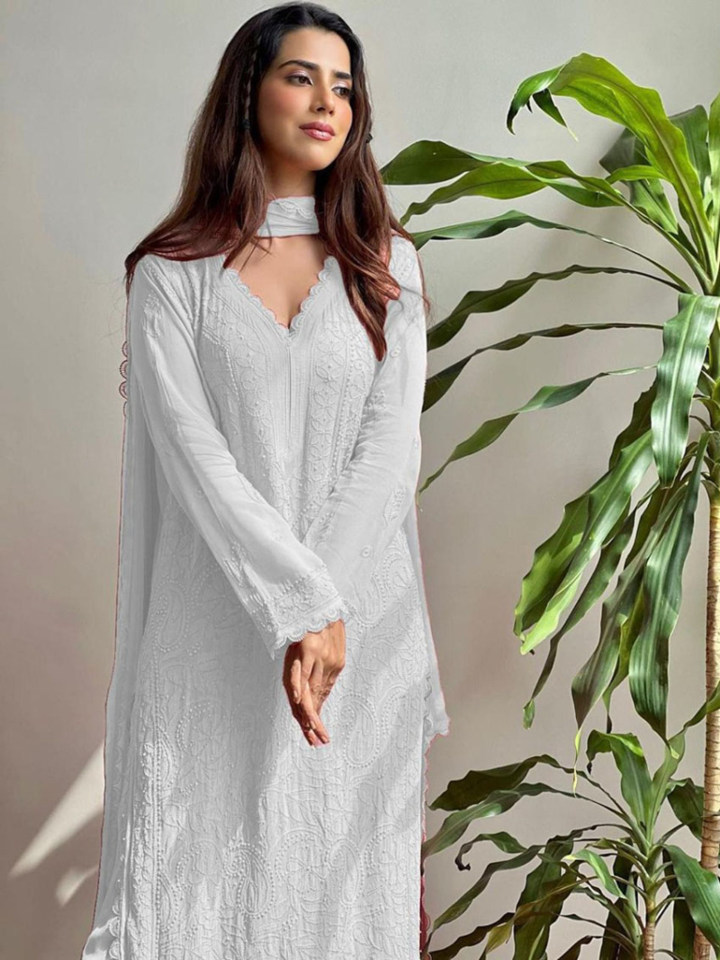Ethnic Festive White Chikankari Long Salwar Kurti Plazo Suit