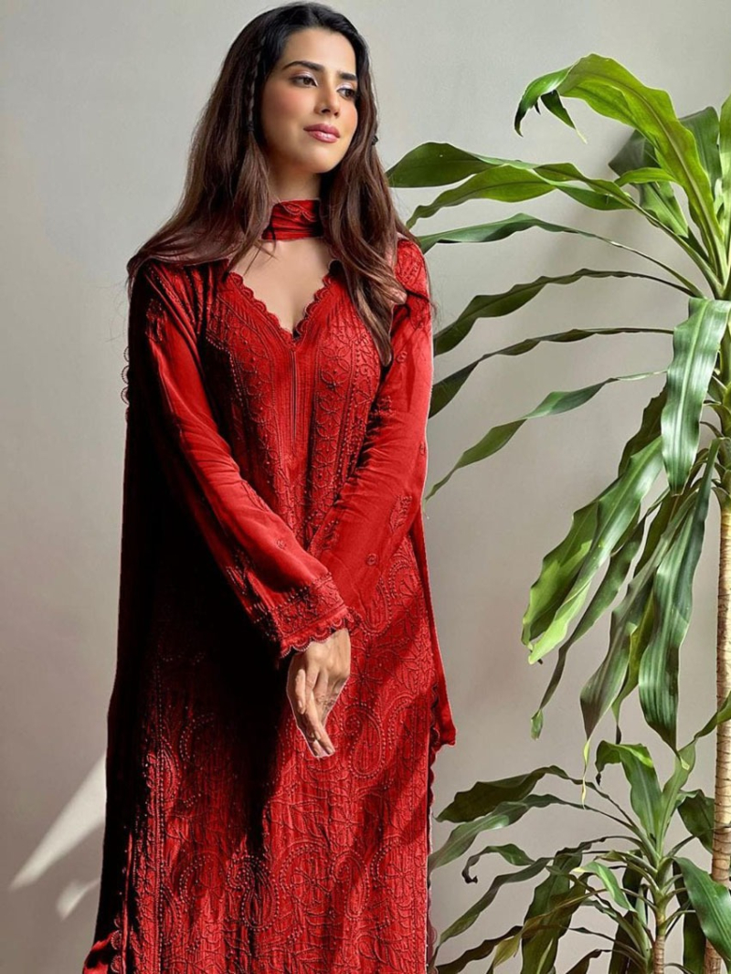 Elegant Traditional Festive Red Chikankari Long Salwar Kurti Plazo Suit