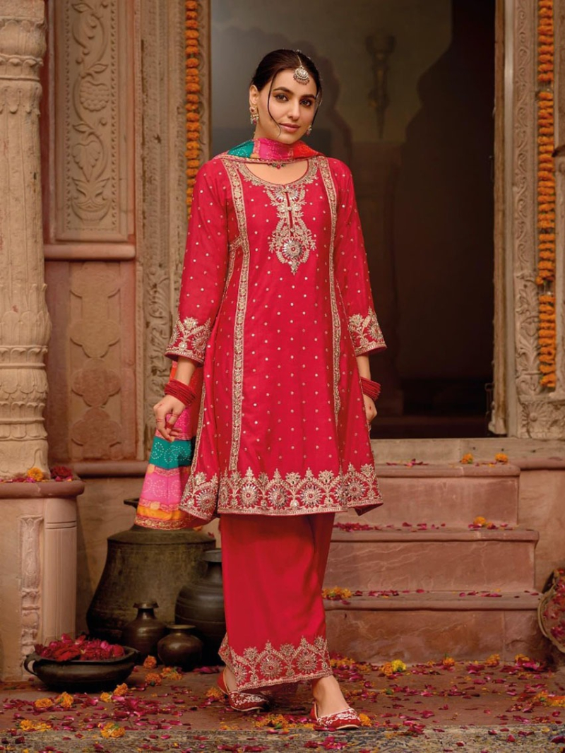 Elegant Heavy Rani Chinnon Silk Embroidered Plazo Suit