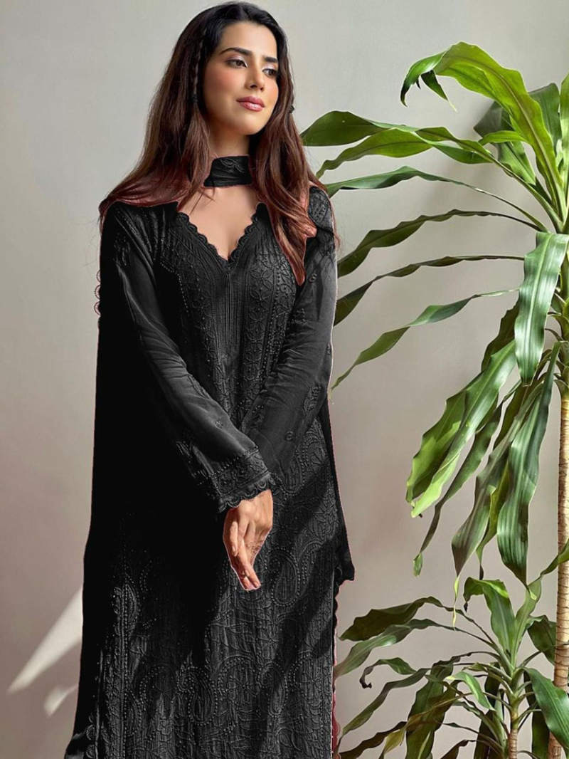 Elegant Festive Black Chikankari Long Salwar Kurti Plazo Suit