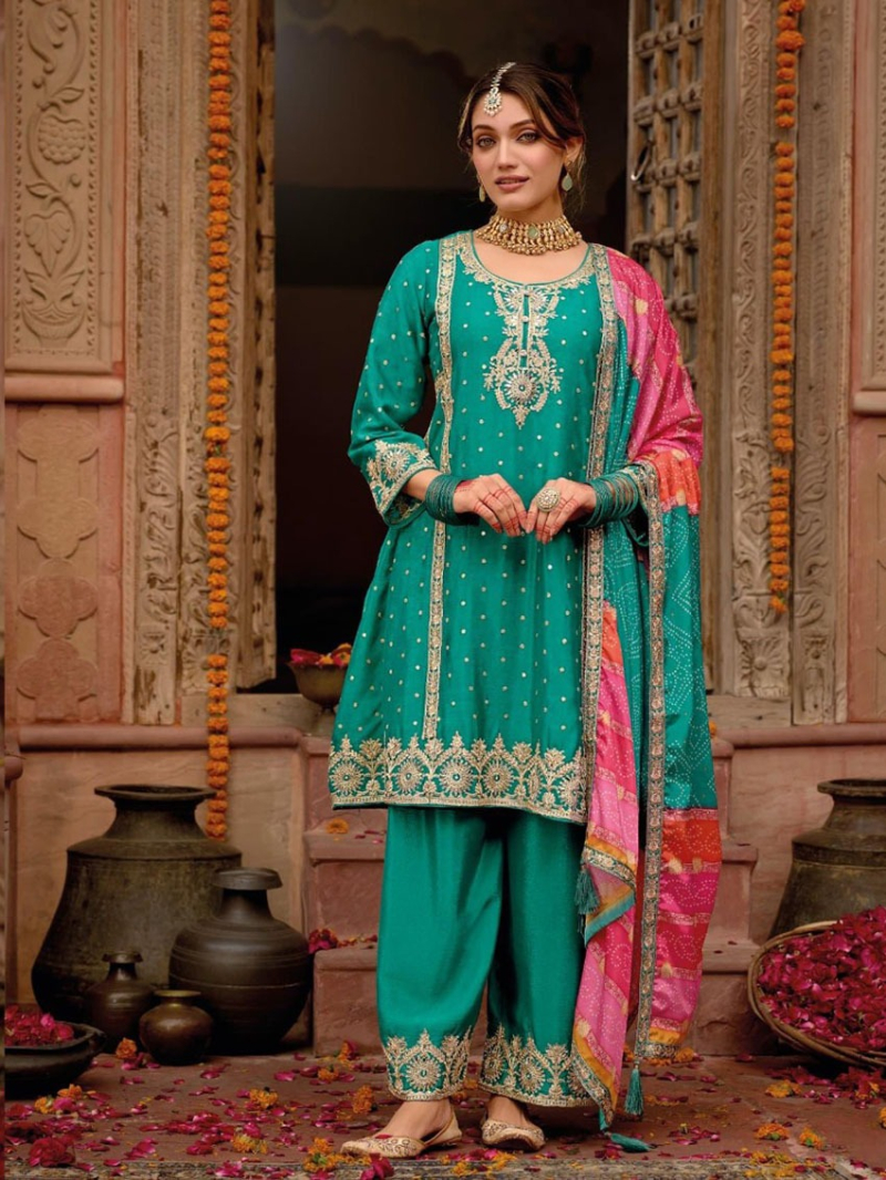 Elegant Heavy Teal Green Chinnon Embroidered Plazo Suit 