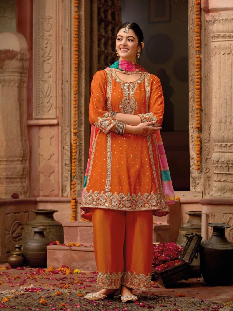Ethnic Traditioanl Orange Chinnon Silk Embroidered Plazo Suit