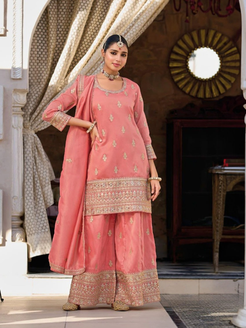 Elegant Festive Peach Shimmer Embroidered Plazo Suit