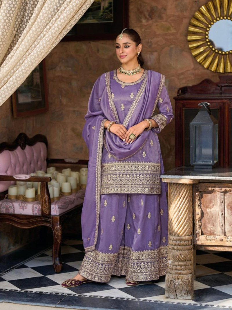 Elegant Festive Traditional Lavender Shimmer  Embroidered Plazo Suit