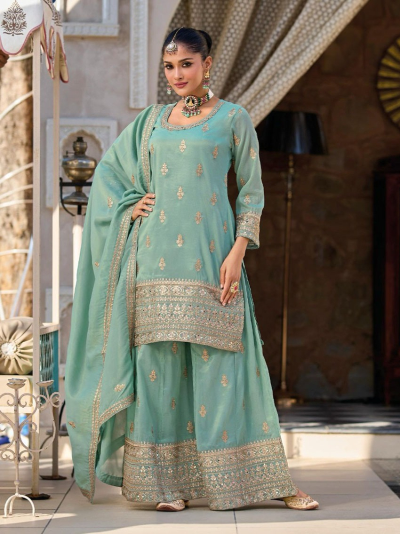 Elegant Festive Mint Green Shimmer Embroidered Plazo Suit