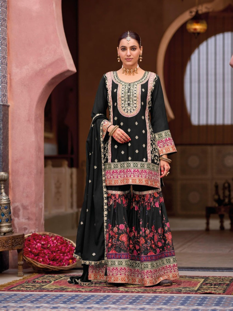 Ethnic Traditional Black Chinnon Embroidered Plazo Suit