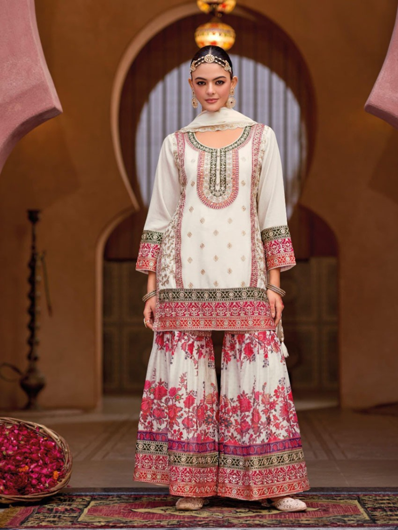 Elegant Traditional Off White Chinnon Embroidered Plazo Suit