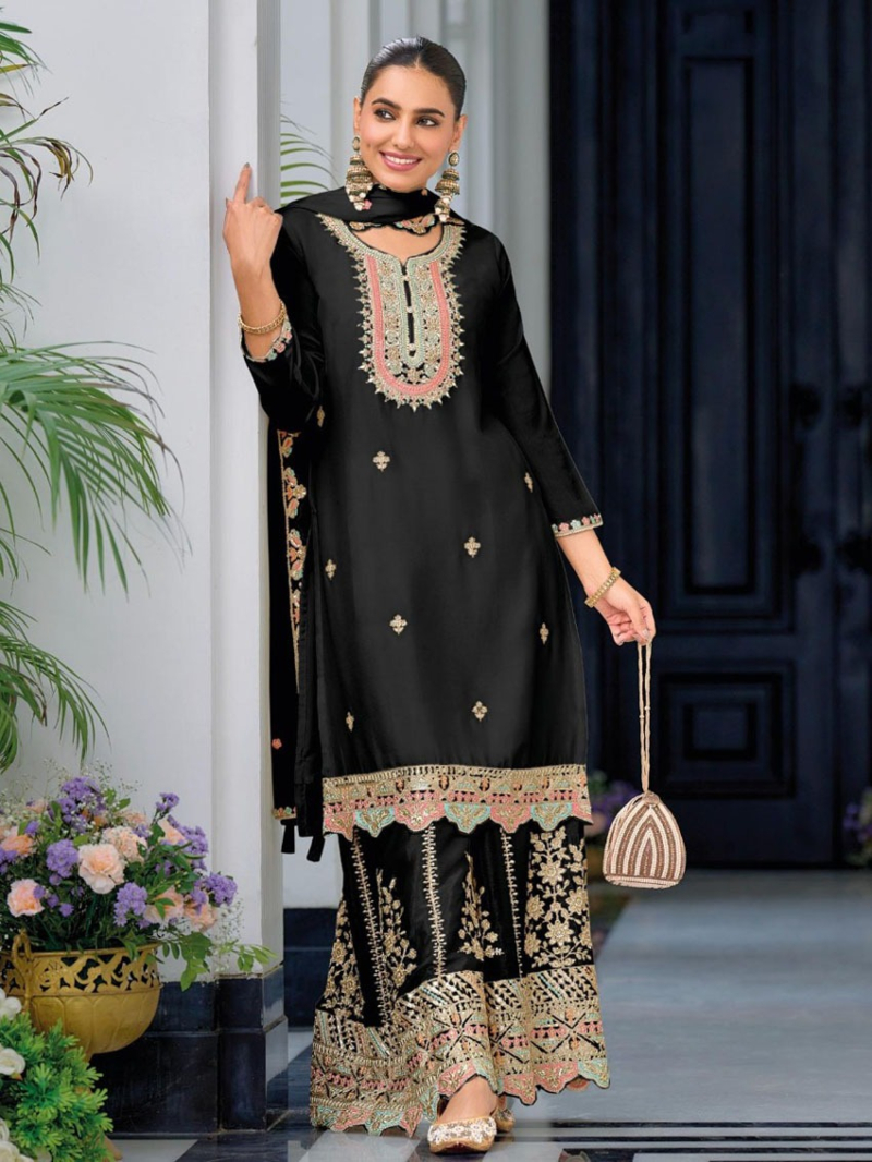 Elegant Heavy Black Chinnon Silk Embroidered Plazo Suit
