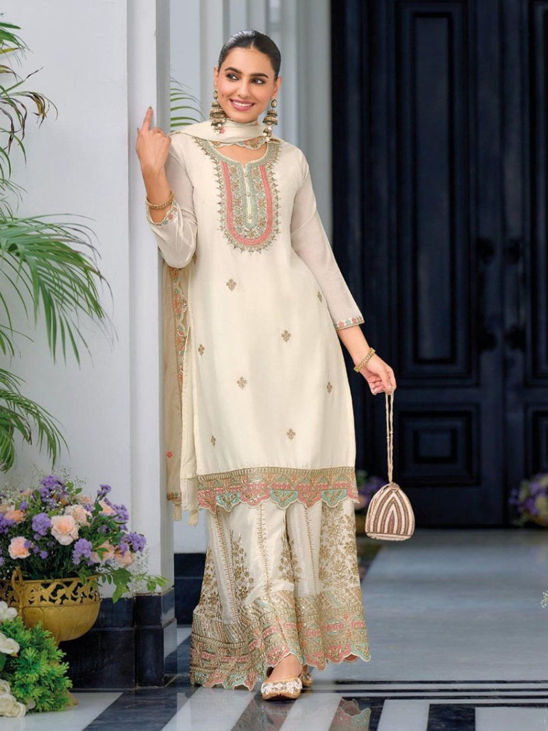 Ethnic Heavy Cream Chinnon Silk Embroidered Plazo Suit
