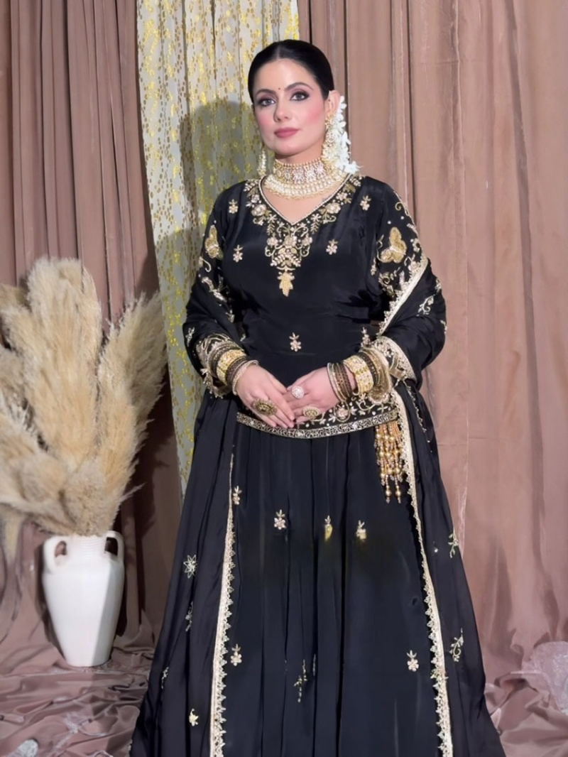 Authentic Elegant Festive Black Crepe Silk Lehanga Suit