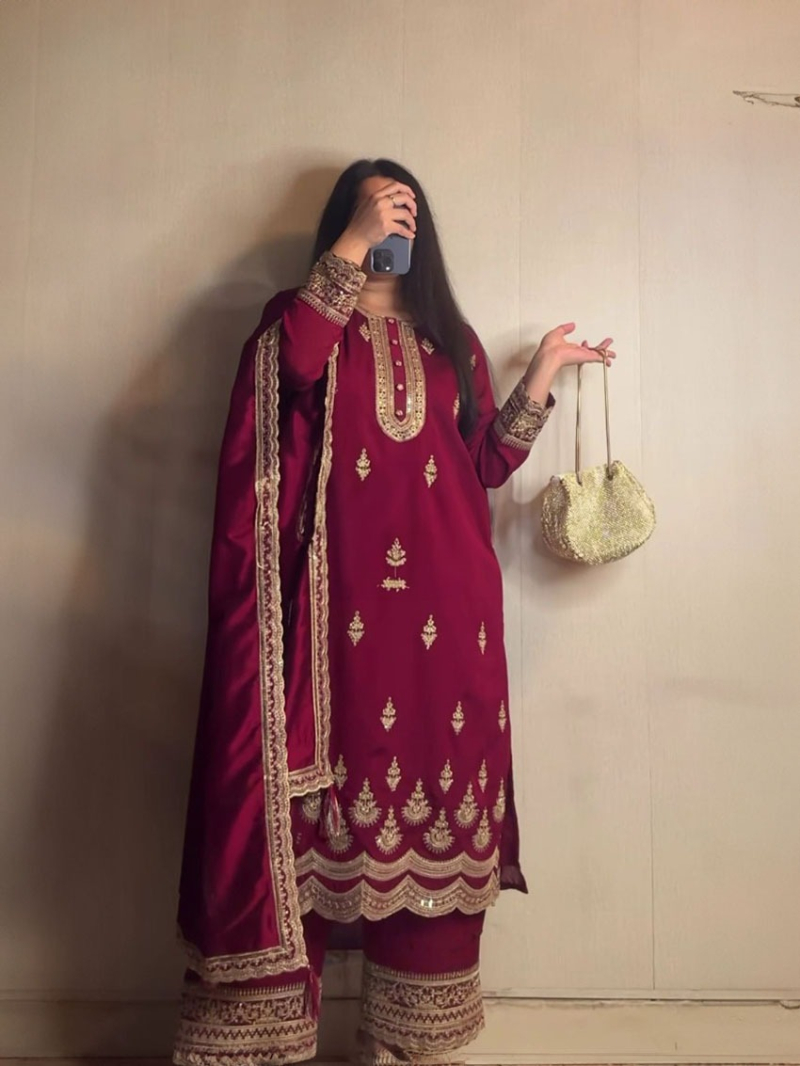 Authentic Ethnic Festive Maroon Crepe Silk Embroidered Straight Suit