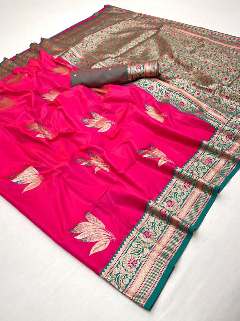 Elegant Festive Ethnic vibran Rani Pink Pathani Silk Saree