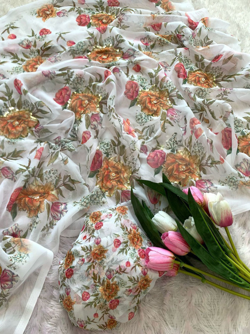 Elegant Festive Traditional White Georgette Floral Printed Saree