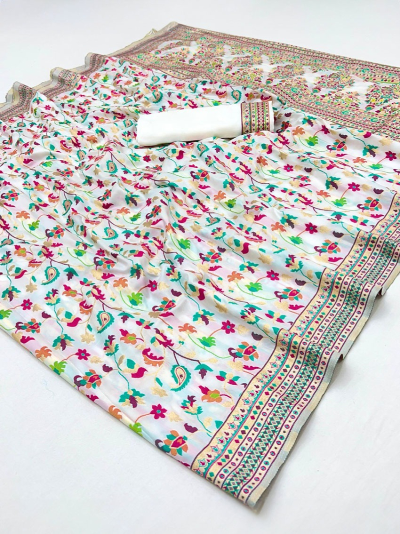 Traditional Ethnic Festive White Pashmina Silk Saree
