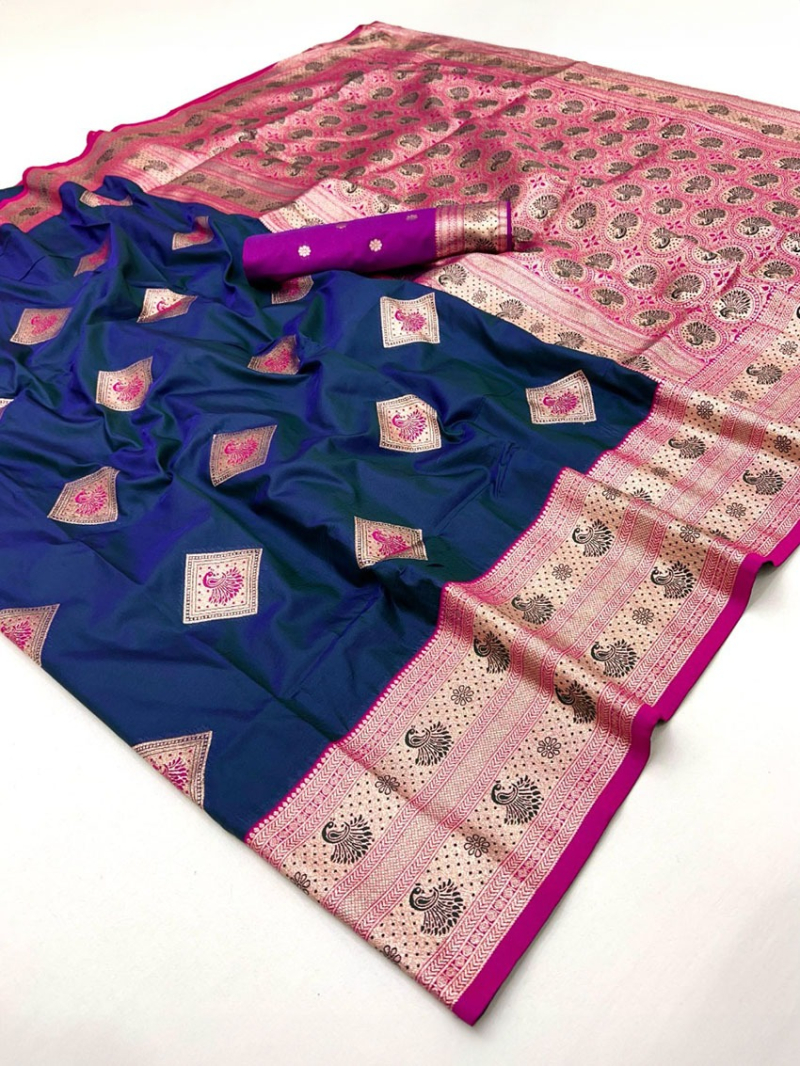 Elegant Festive Traditional Navy Blue Paithani Silk Saree