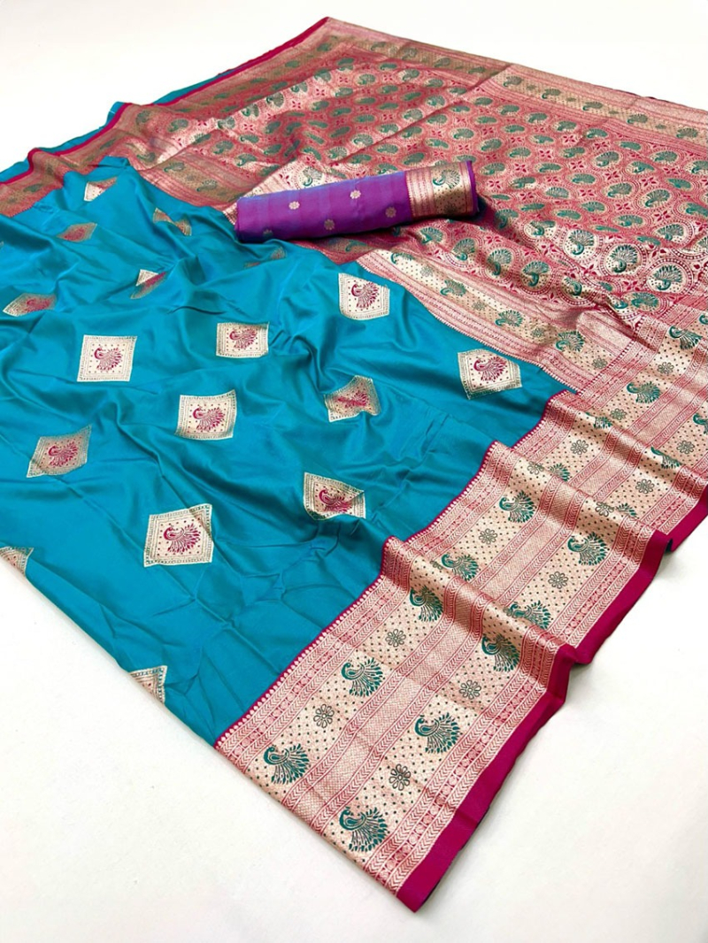 Elegant Ethnic Festive Sky Blue Paithani Silk Saree