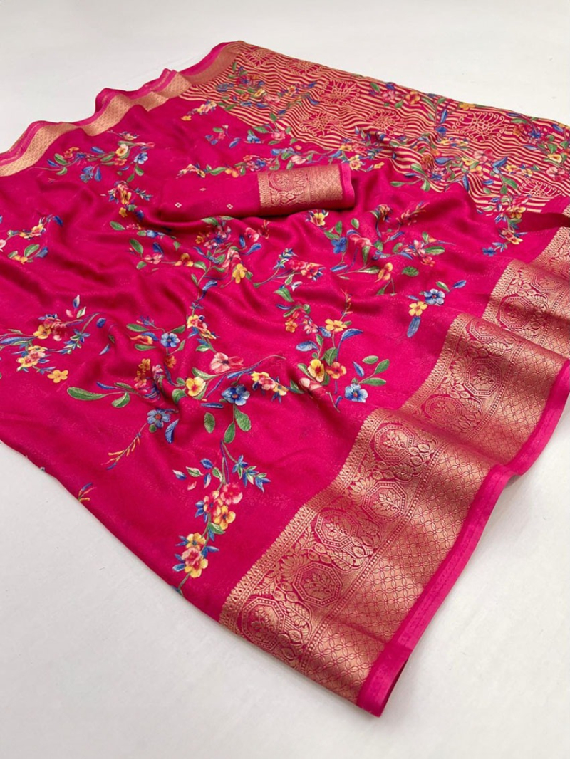 Authentic Festive Traditional Bright Pink Soft Moss Mellow Saree