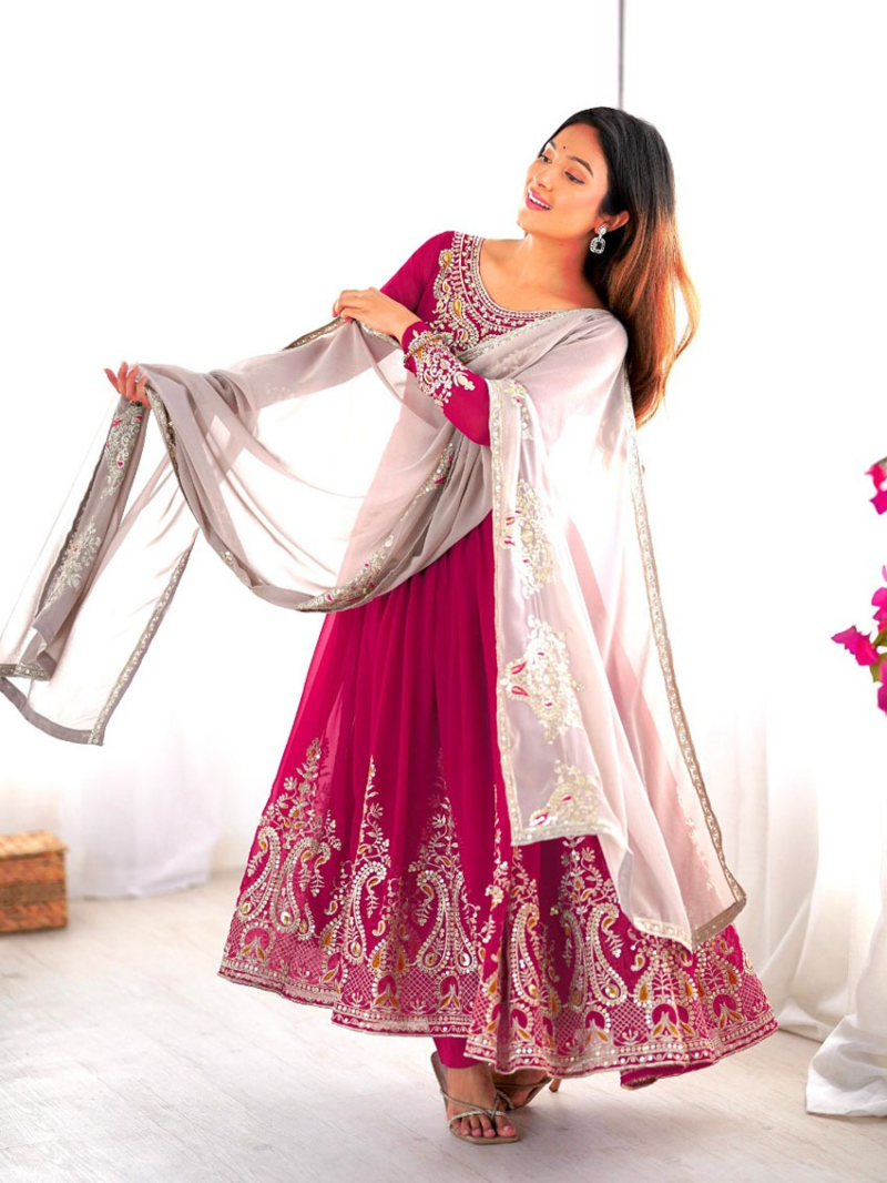 Elegant Heavy Hot Pink Georgette Embroidered Anarkali  Suit