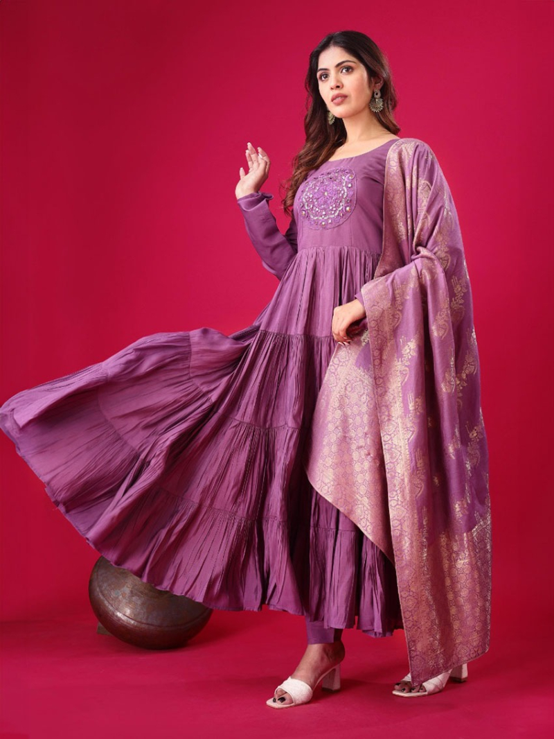Ethnic Casual Festive Purple Roman Silk Gown Anarkali Suit