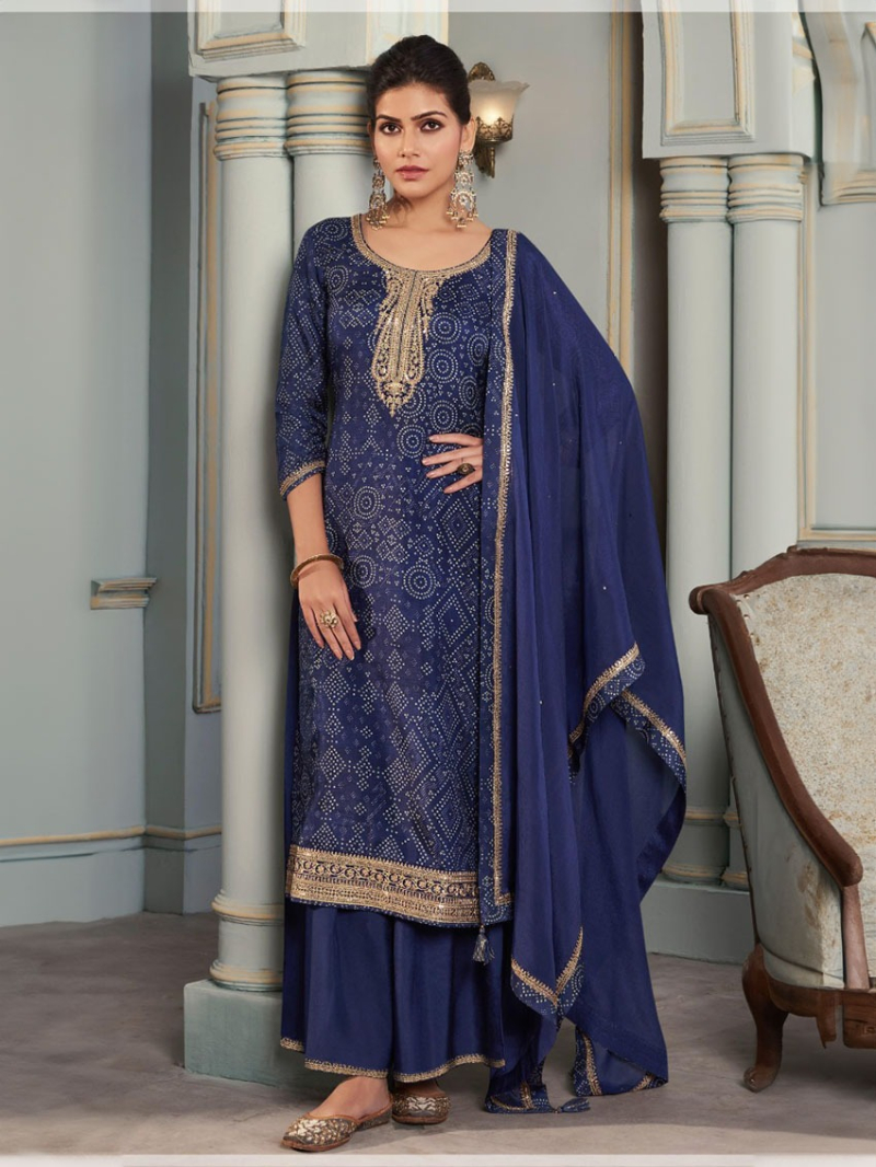 Elegant Festive Traditional Navy Blue Digital Print Straight Suit 